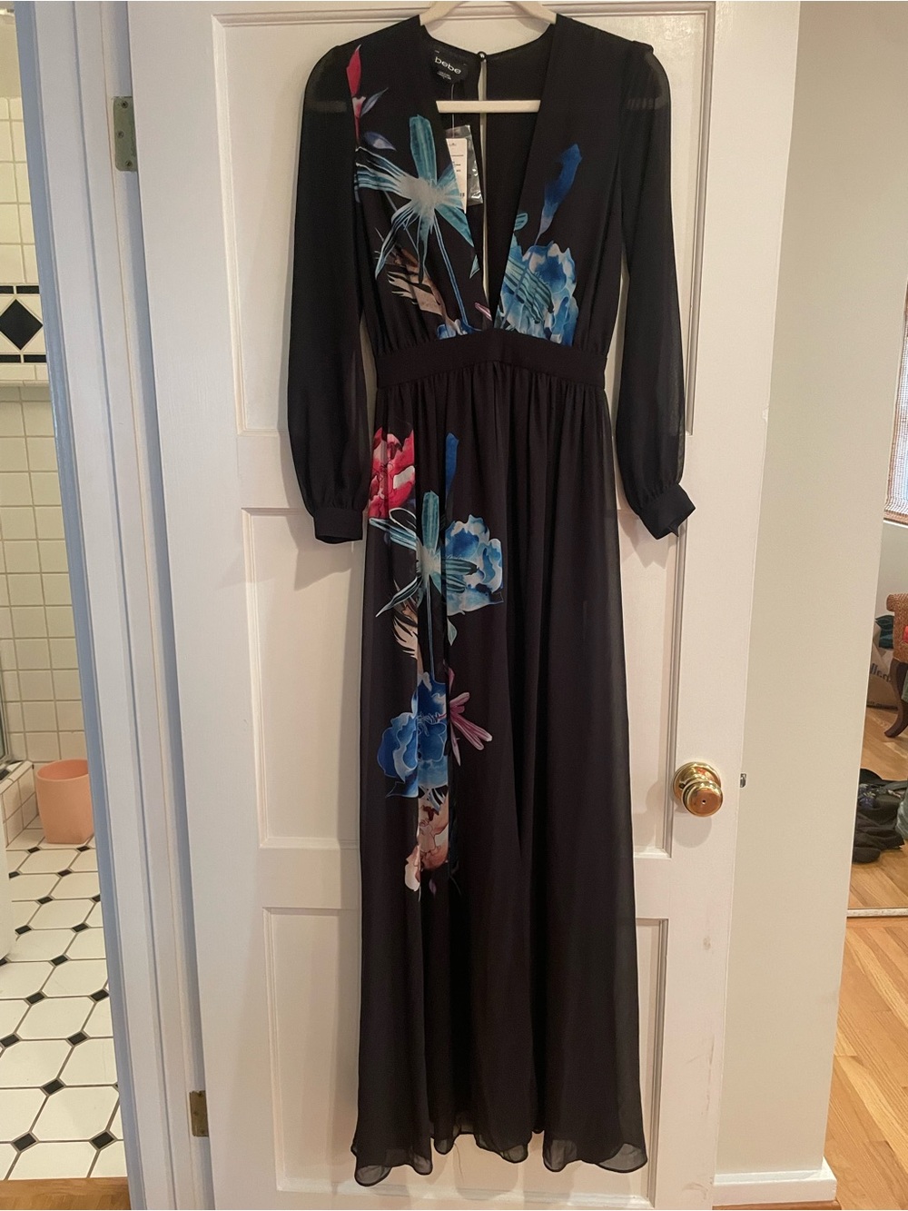 bebe Black Maxi Dress with Blue and Pink Floral Print